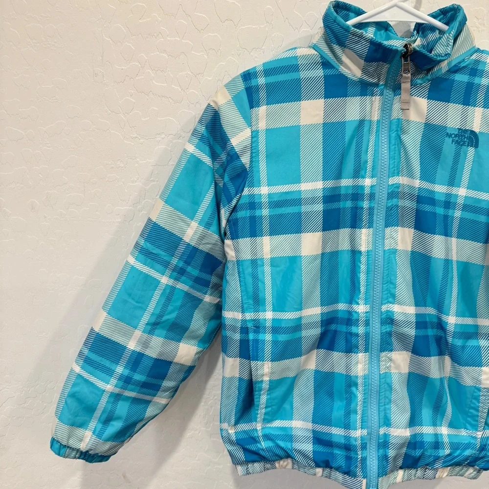 The North Face Checkered Plaid Jacket Kids 10/12 Blue white Winter Snow Outdoor